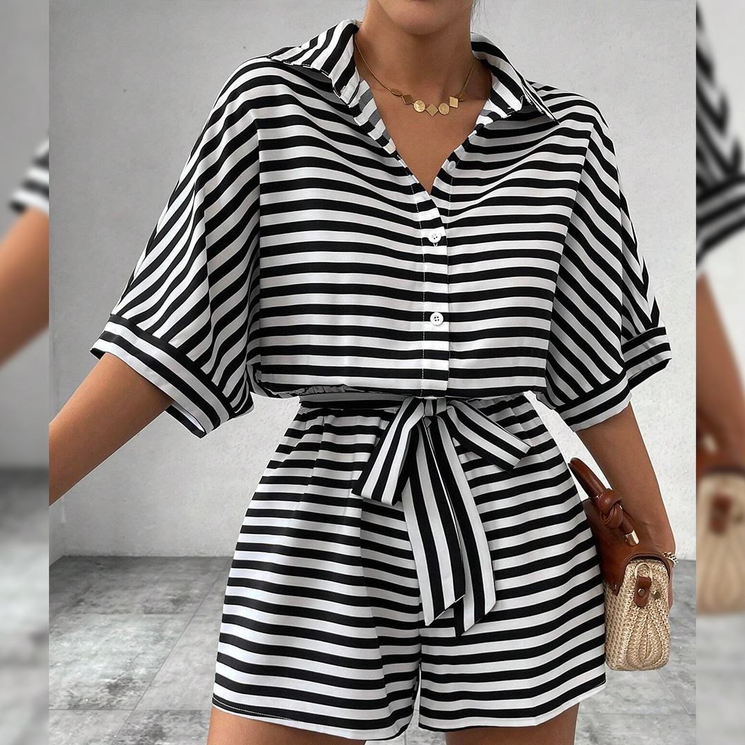 Summer Striped Lapel Button-Up Belted Shorts Romper AXR129: Red / L