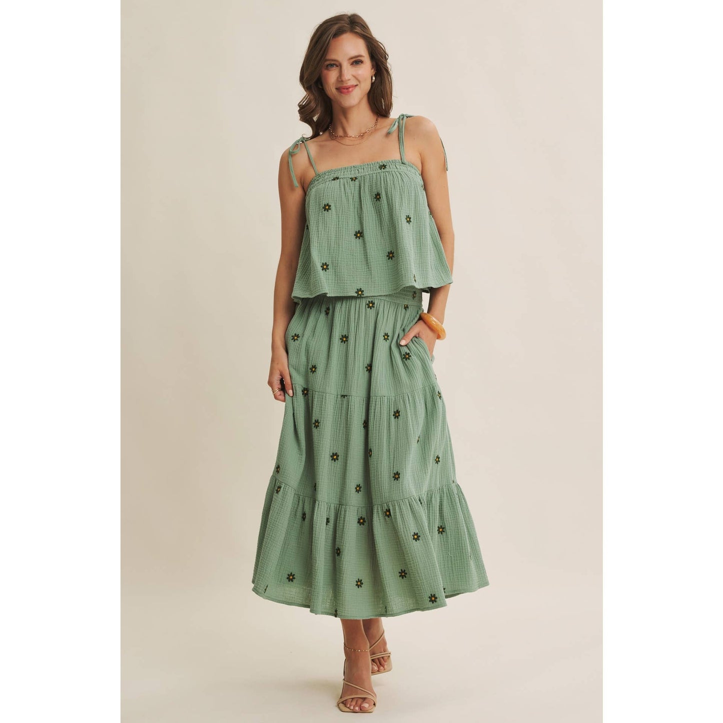 in february - SUNSET FIELD EMBROIDERED COTTON GAUZE SMOCKED MIDI SKIRTS