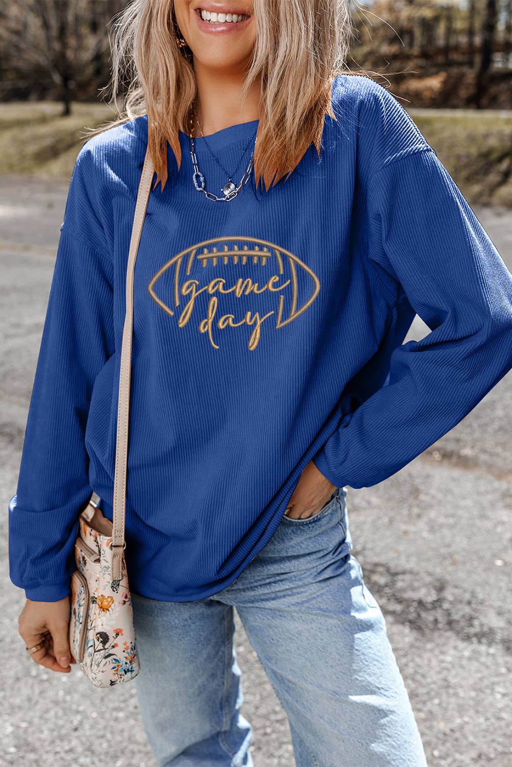 Lovesoft - Apricot Rugby Game Day Embroidered Corduroy Sweatshirt