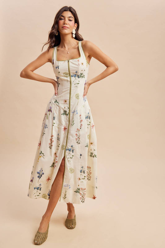 COTTON CONTRAST FLORAL MAXI DRESS