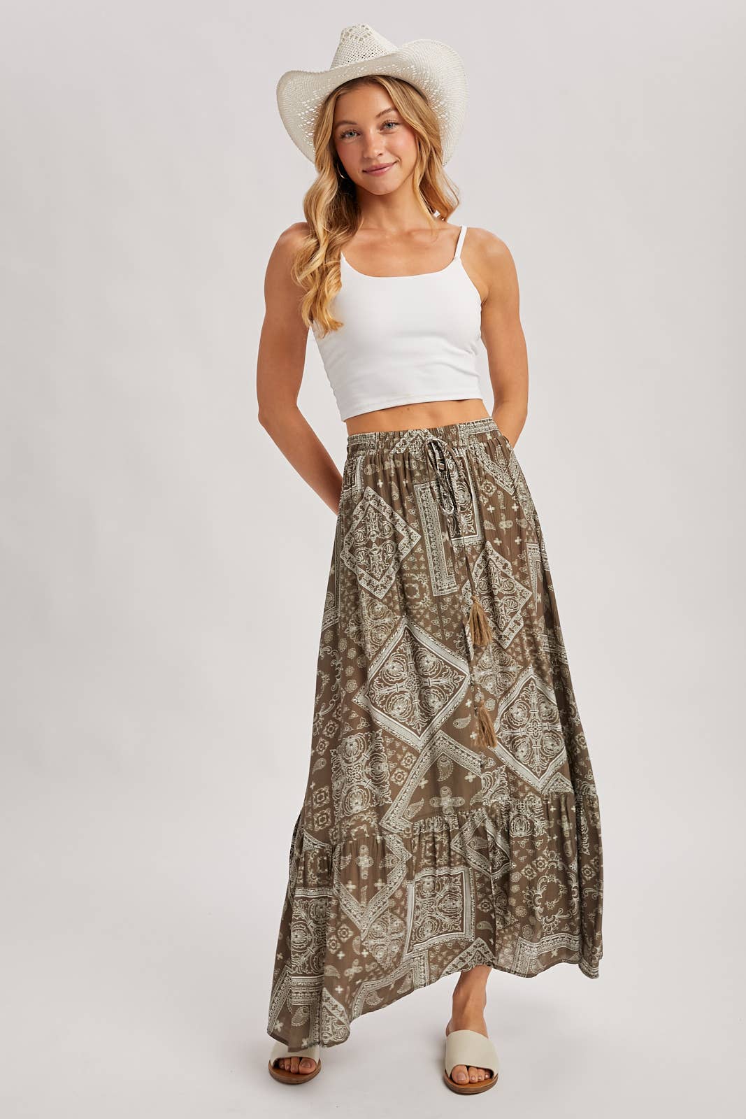 Bluivy - BOHO PRINT TIERED BUTTON DOWN FRONT MAXI SKIRT