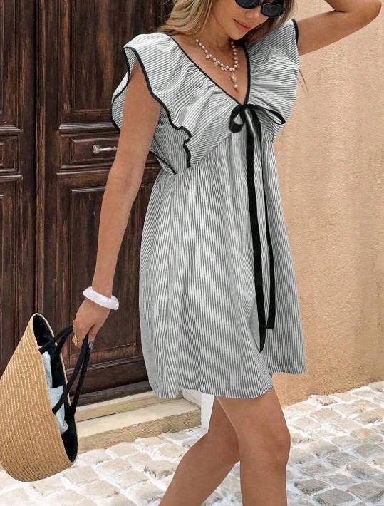 Anna Kaci Wholesale - Striped Mini Dress with Ruffle Sleeves and Front Bow