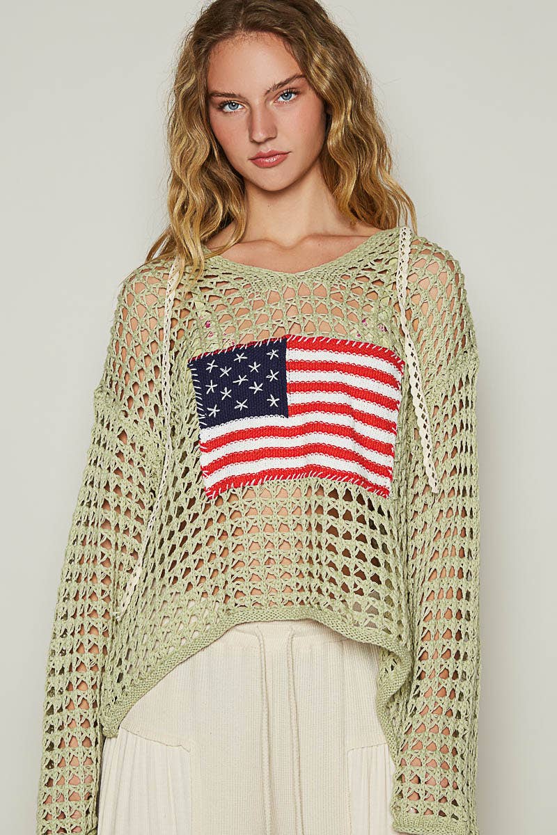 Long sleeve American flag hoodie thin sweater top SALE: SKY BLUE