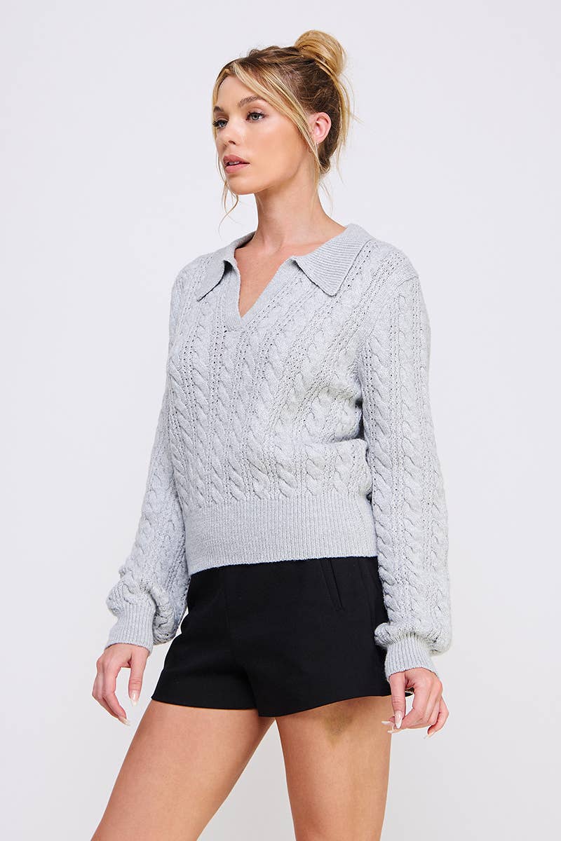 Grey Cable Knit Johnny Collar Pullover