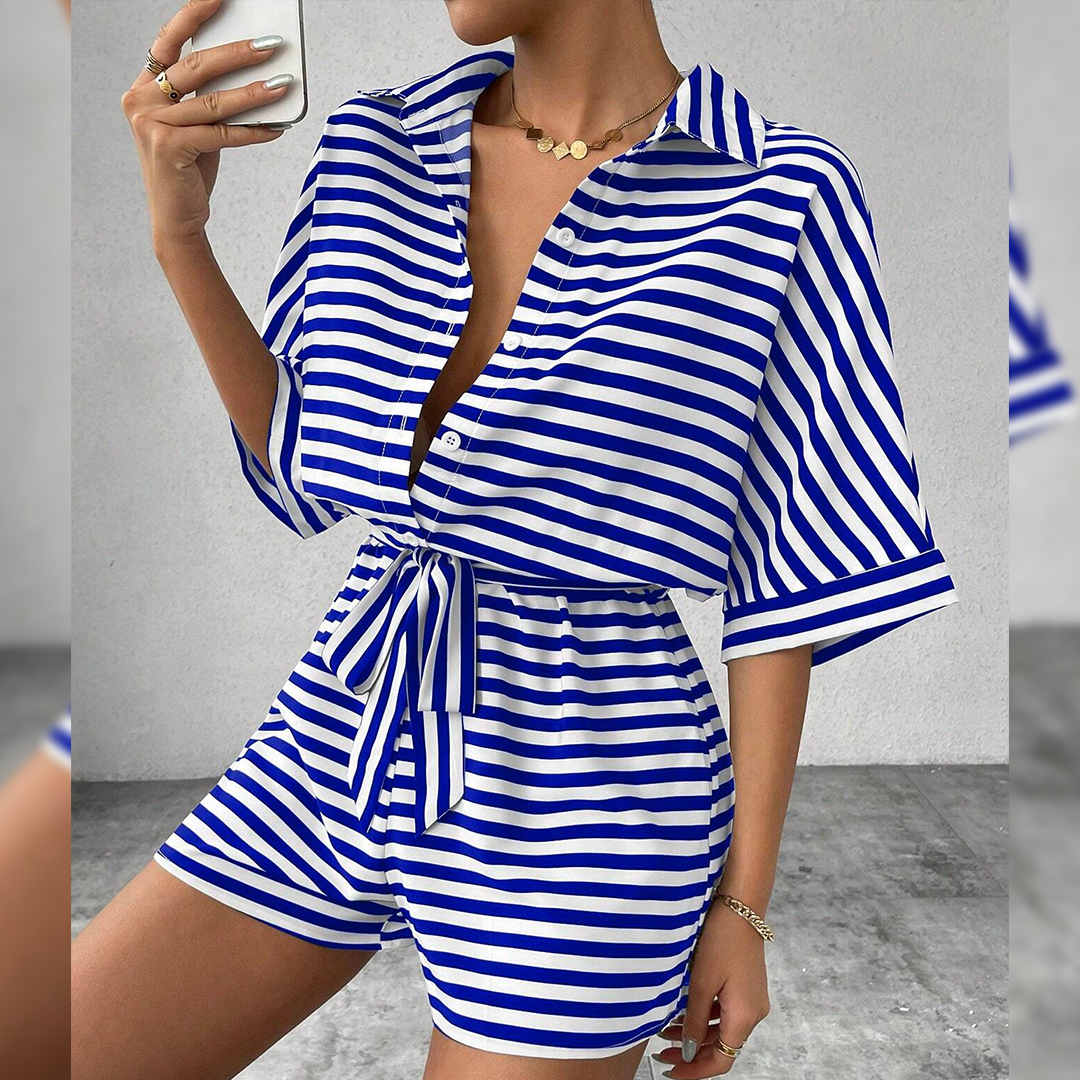 Summer Striped Lapel Button-Up Belted Shorts Romper AXR129: Red / L