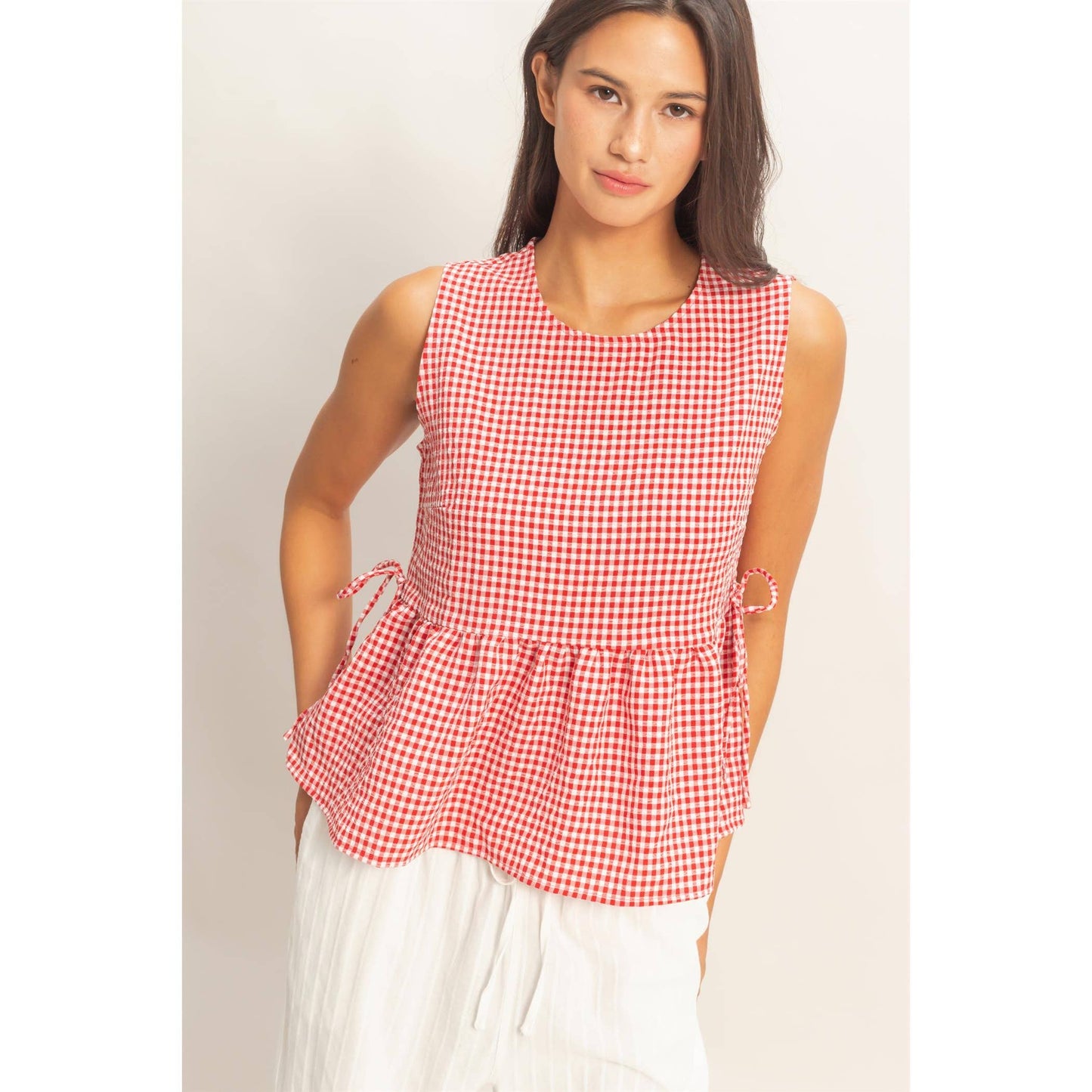 HYFVE - Gingham Sleeveless Peplum Top With Side Ties