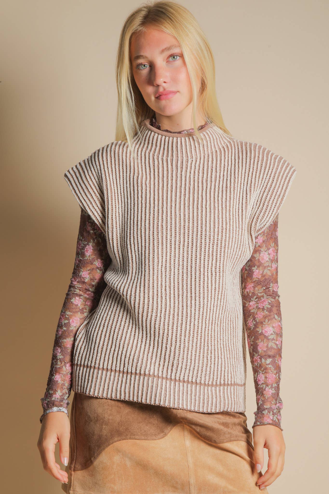VERY J - 12W3388N-Two Tone Ribbed Knit Sweater Vest