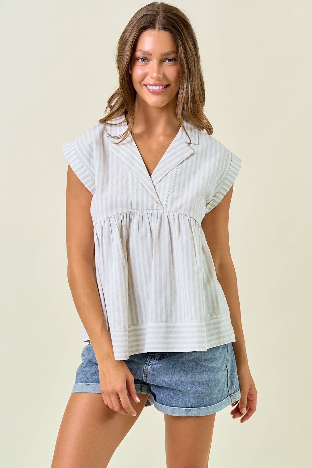Striped Notch Collar Neck Rolled-up Cap Sleeve Top