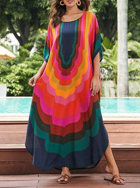 Batwing Sleeves Loose Contrast Color Printed Sun Protection Round-Neck Maxi Dresses: COLORFUL / One_size