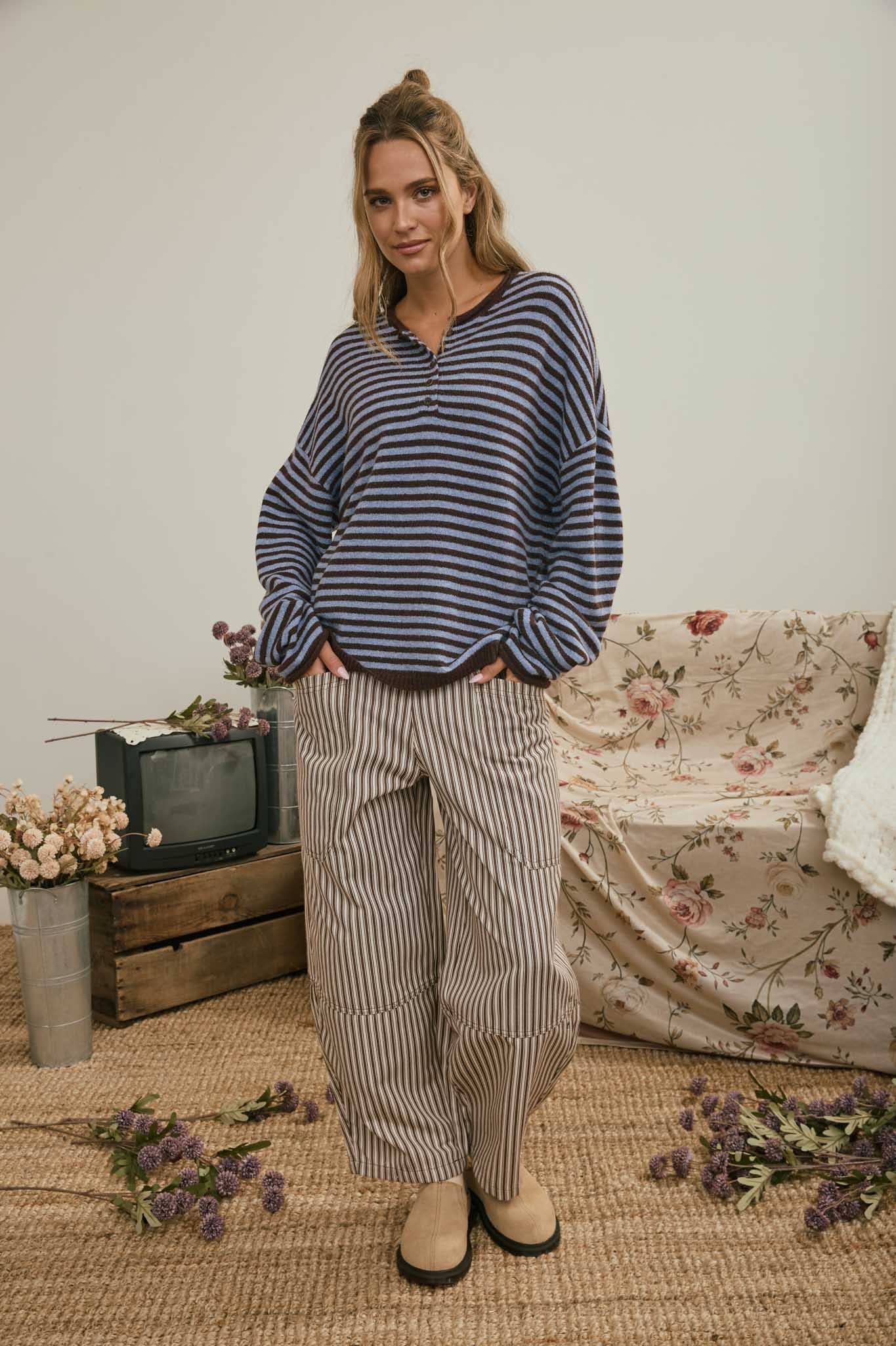 Blu Pepper - STRIPE POCKET DETAIL WIDE LEG PANTS
