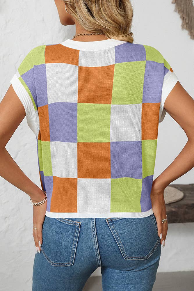 UNISHE - Cropped Color Block Crewneck Knit Checkerboard Sweater MD167
