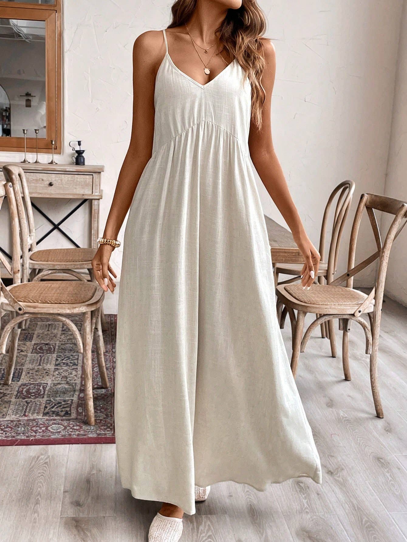 Linen blend Scoop Neck Cami dress with bow tie at back: Beige