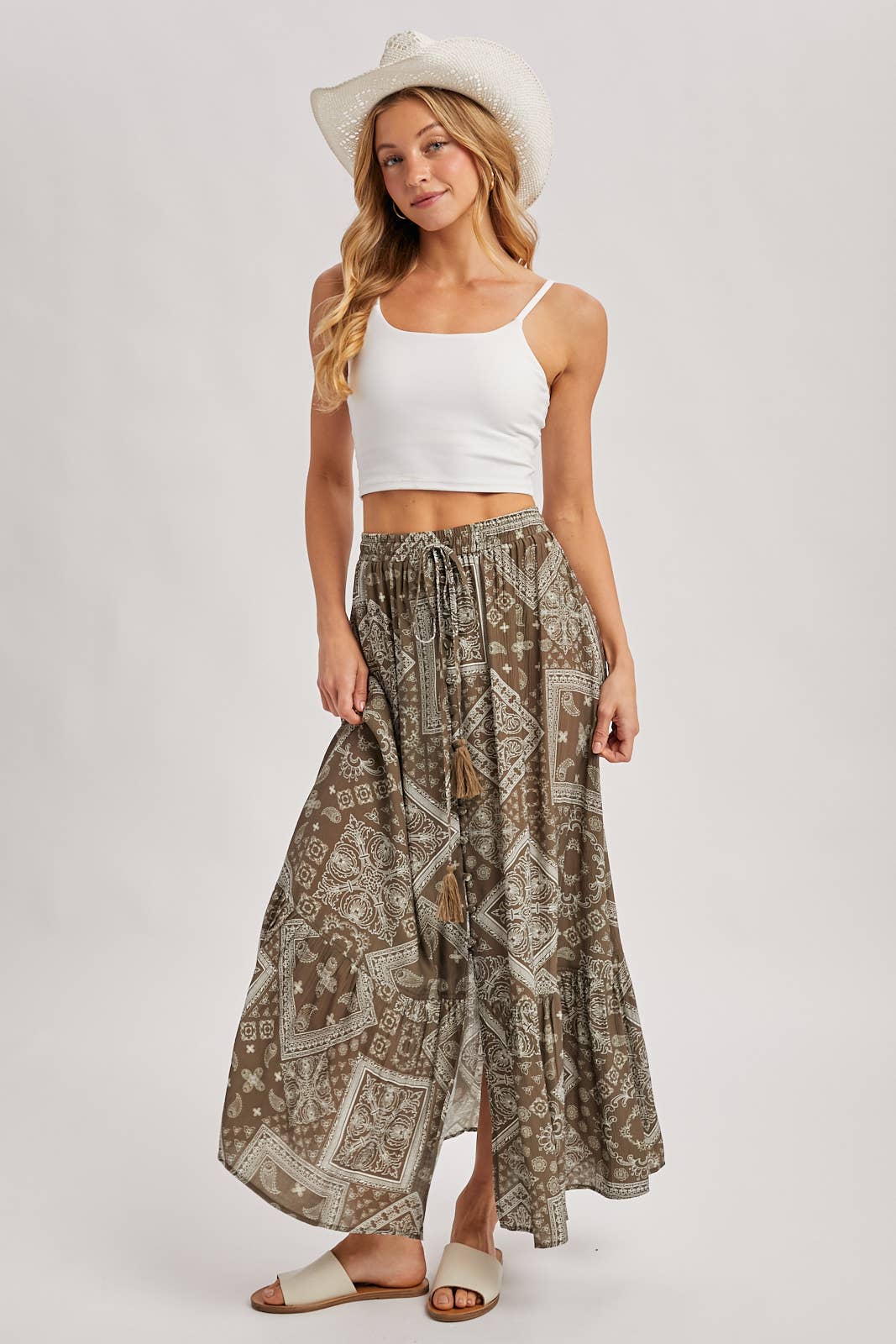 Bluivy - BOHO PRINT TIERED BUTTON DOWN FRONT MAXI SKIRT