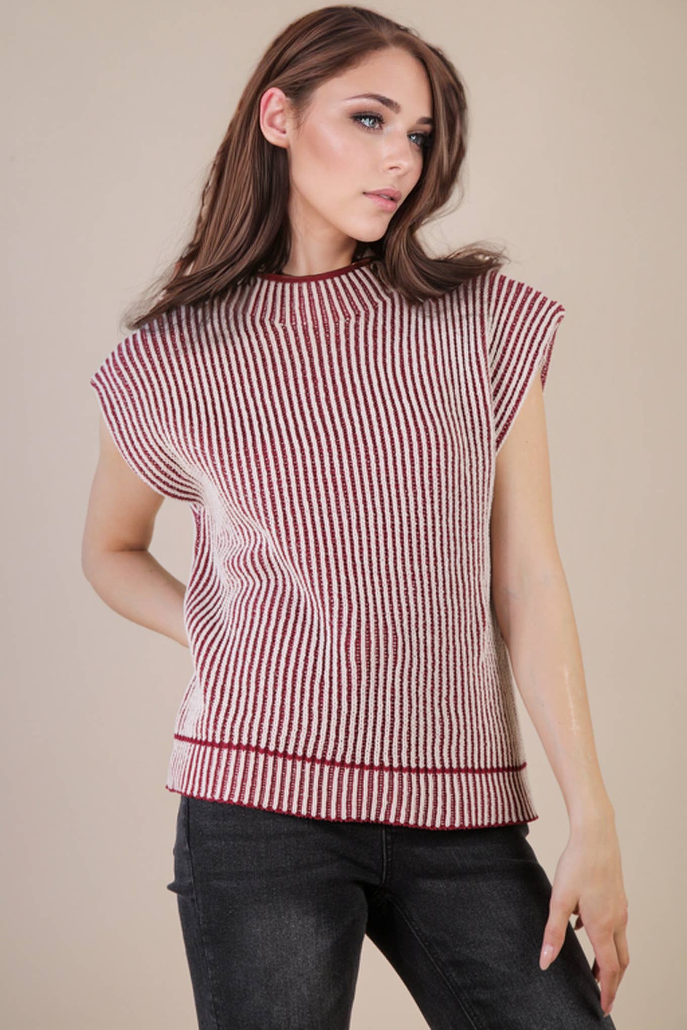 VERY J - 12W3388N-Two Tone Ribbed Knit Sweater Vest
