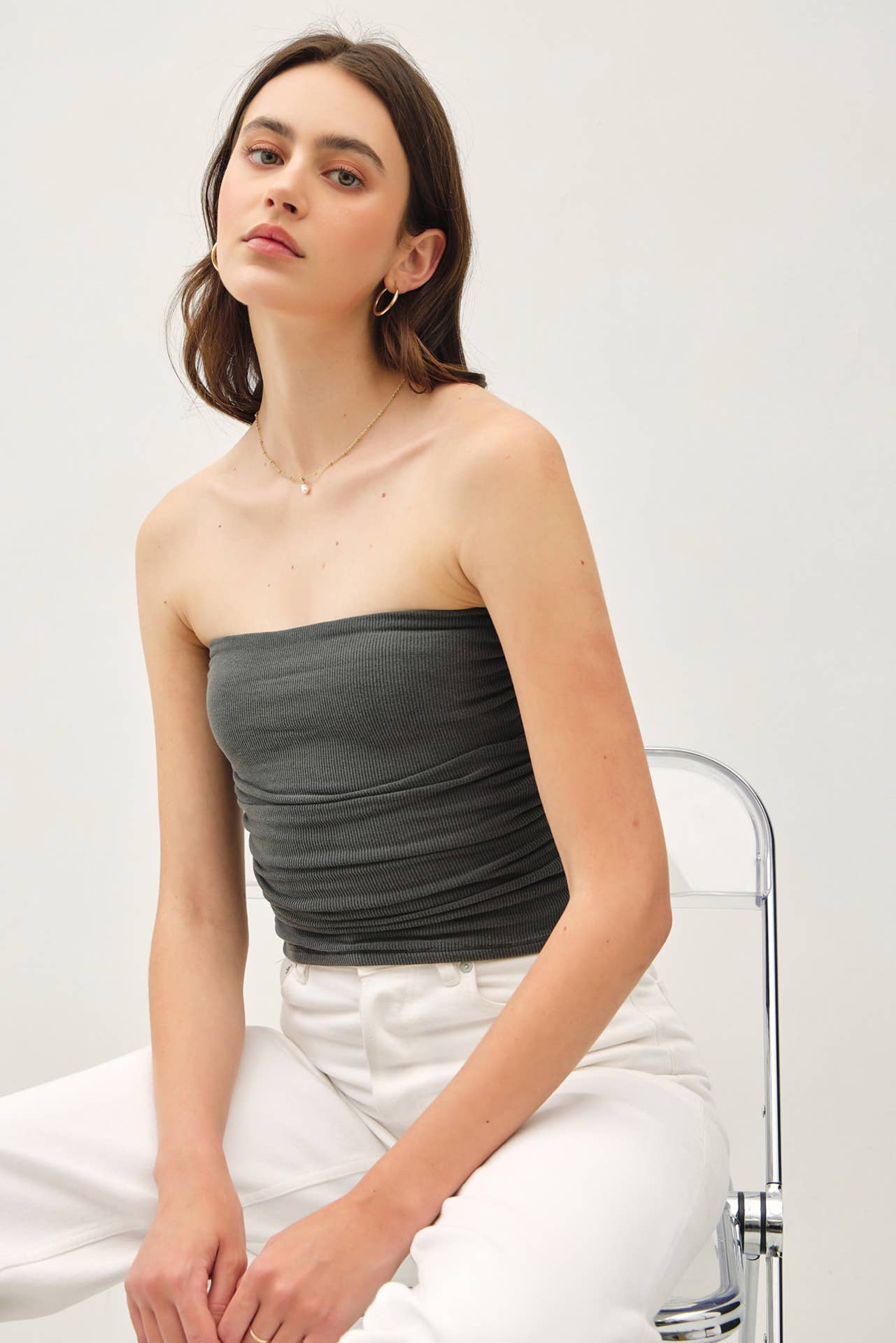 MOCHA JERSEY RUCHED CROP TUBE TOP