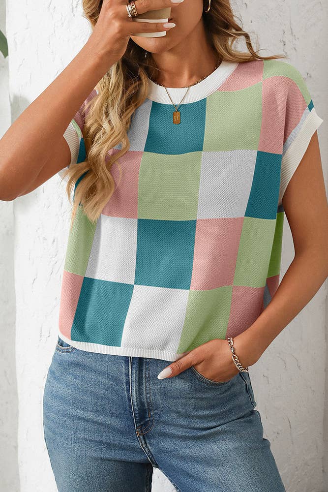 UNISHE - Cropped Color Block Crewneck Knit Checkerboard Sweater MD167