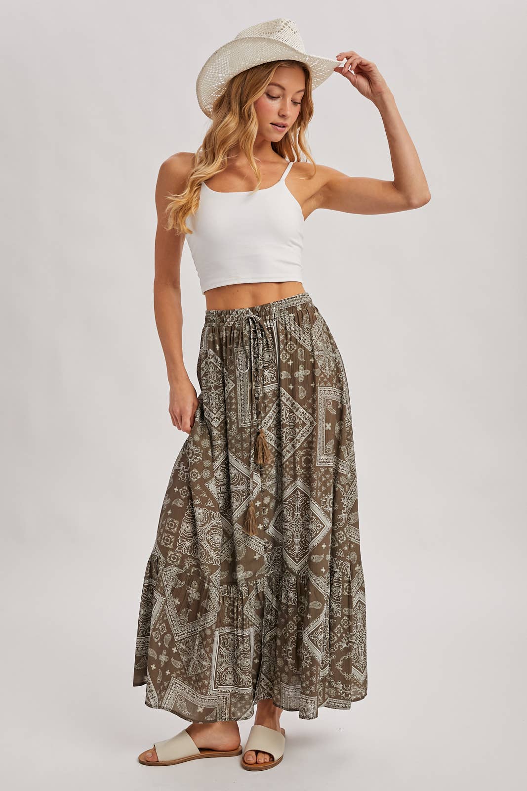Bluivy - BOHO PRINT TIERED BUTTON DOWN FRONT MAXI SKIRT