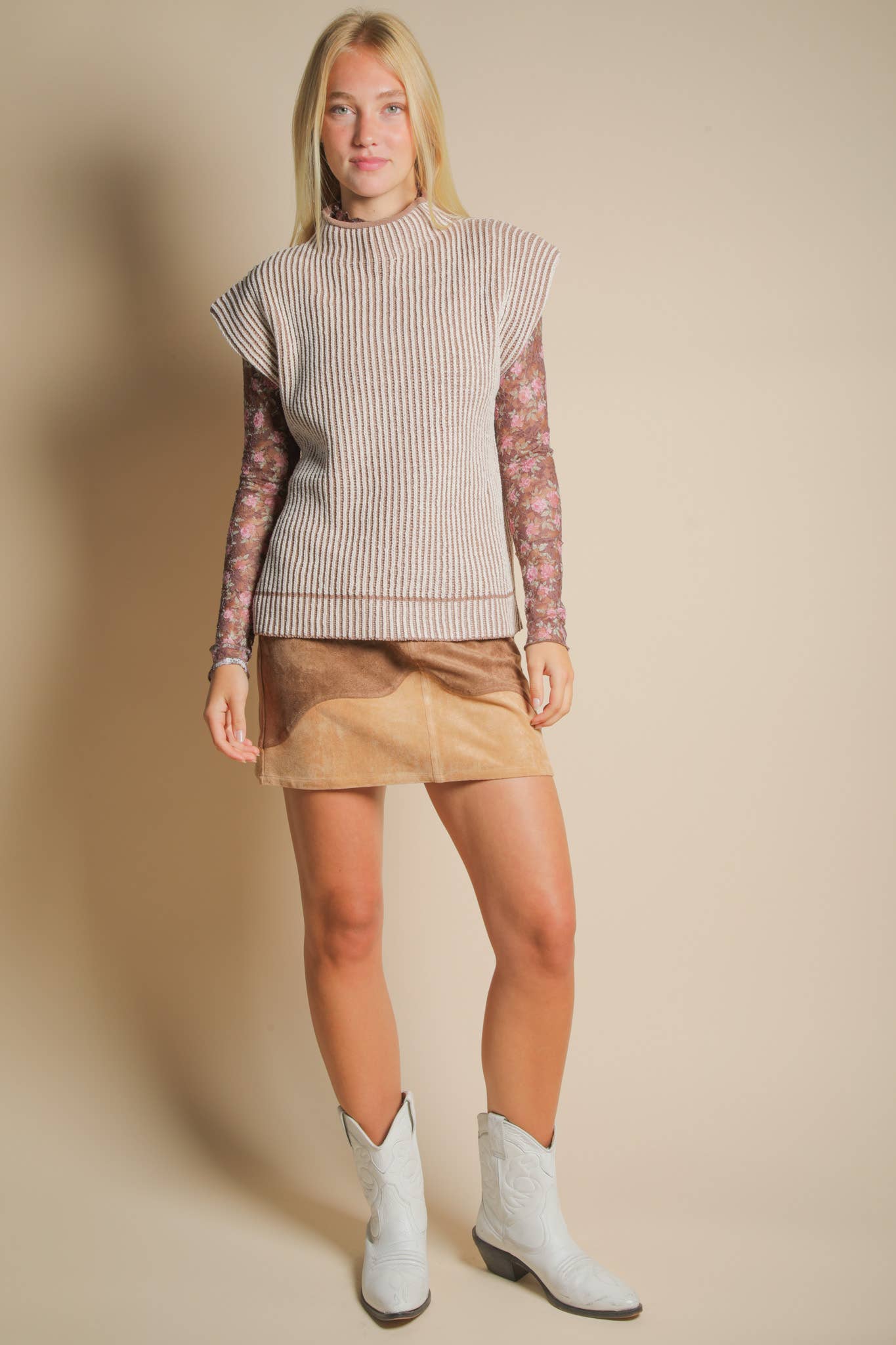 VERY J - 12W3388N-Two Tone Ribbed Knit Sweater Vest