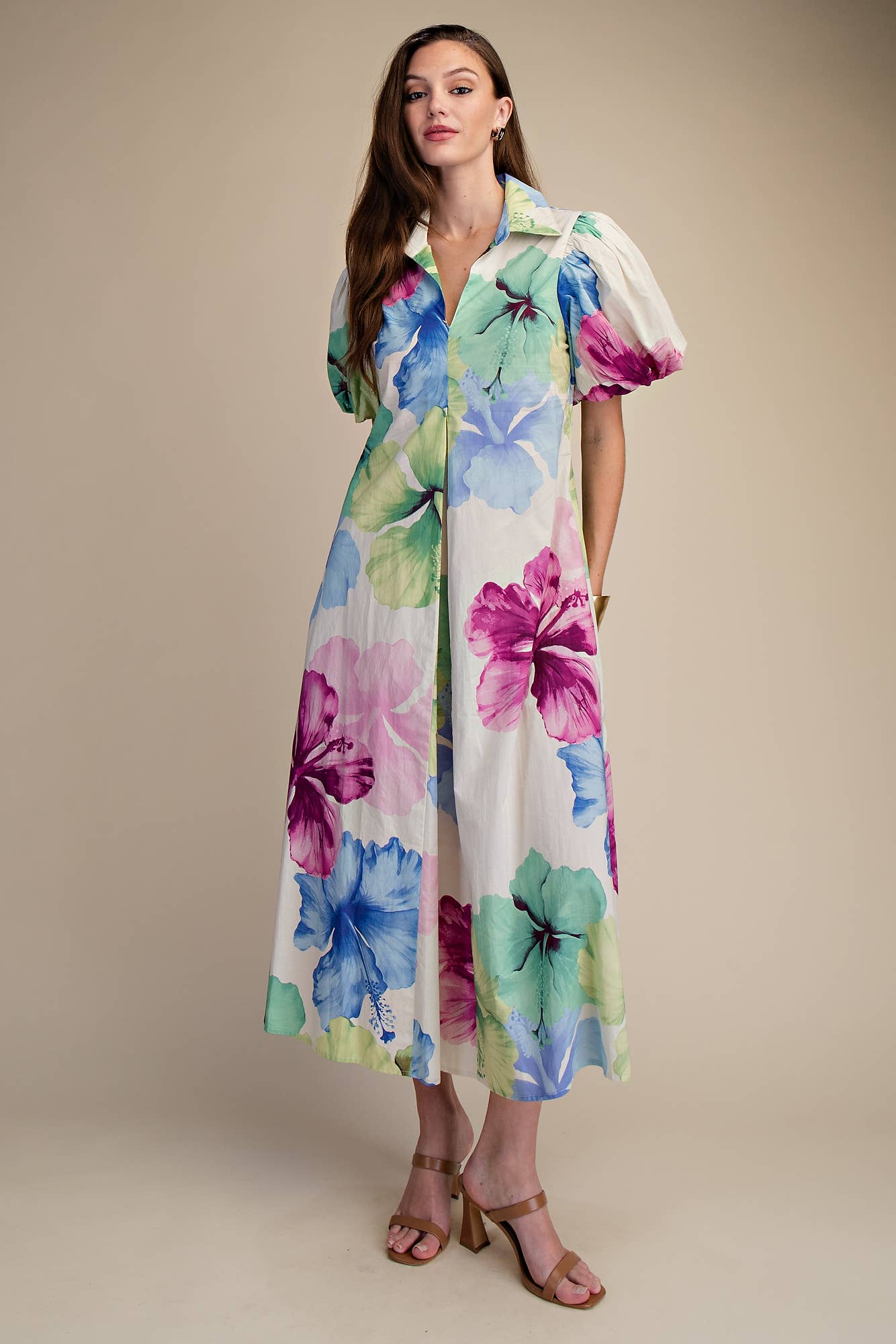 Glam - Collar V-Neck Pleated Midi Dress