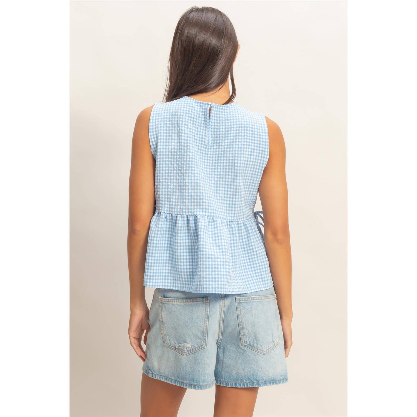 HYFVE - Gingham Sleeveless Peplum Top With Side Ties