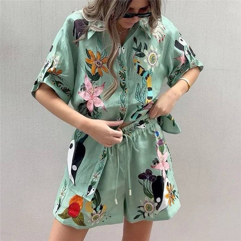Relaxed Fit Printed Short Sleeve Shirt And Shorts Set: GREEN / XL