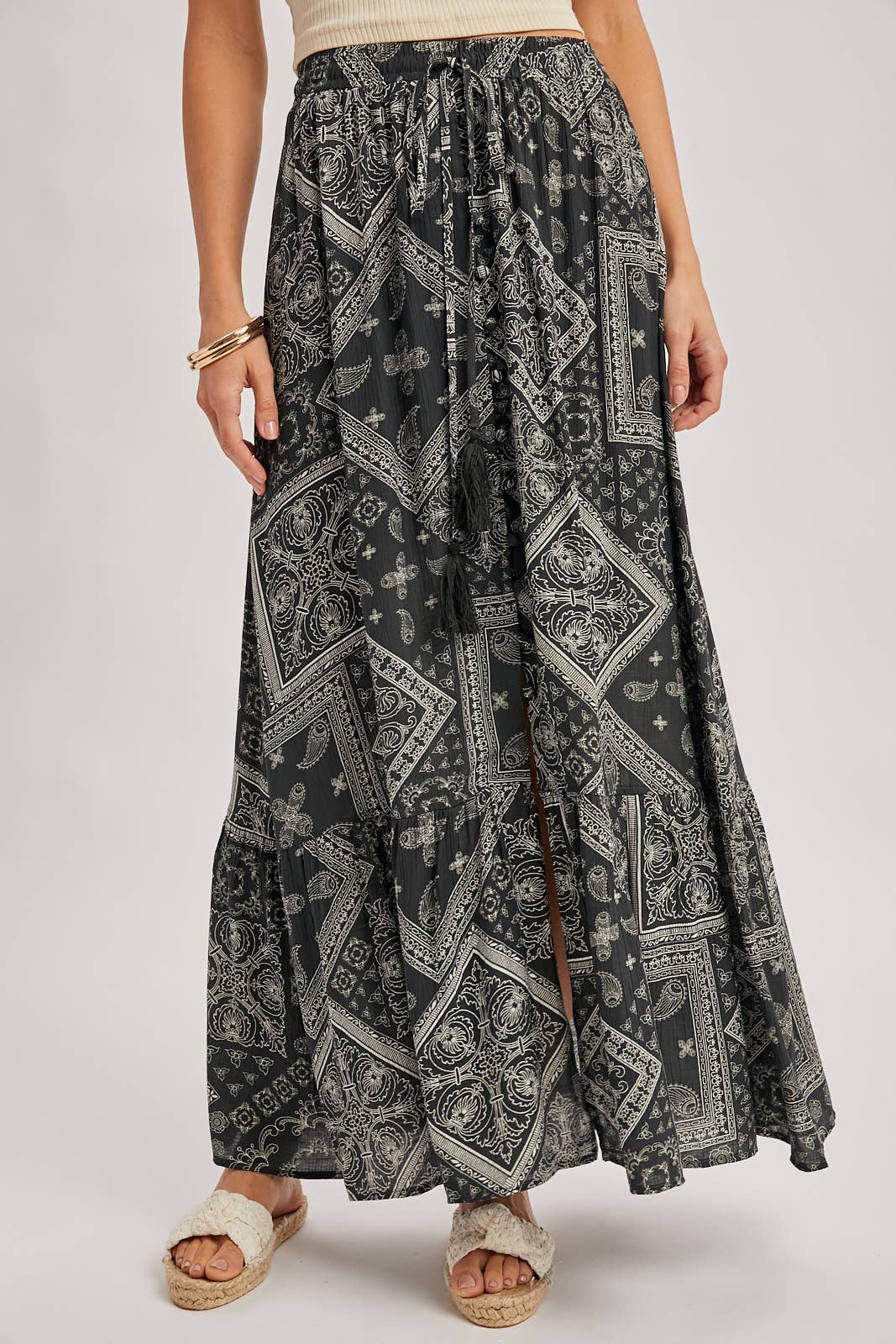 Bluivy - BOHO PRINT TIERED BUTTON DOWN FRONT MAXI SKIRT