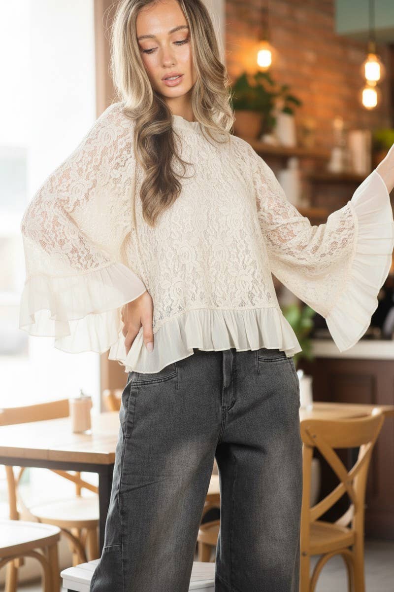 Vine & Love - Ruffle Neck & Hem Bell Sleeve Loose Lace Blouse Top VT83170