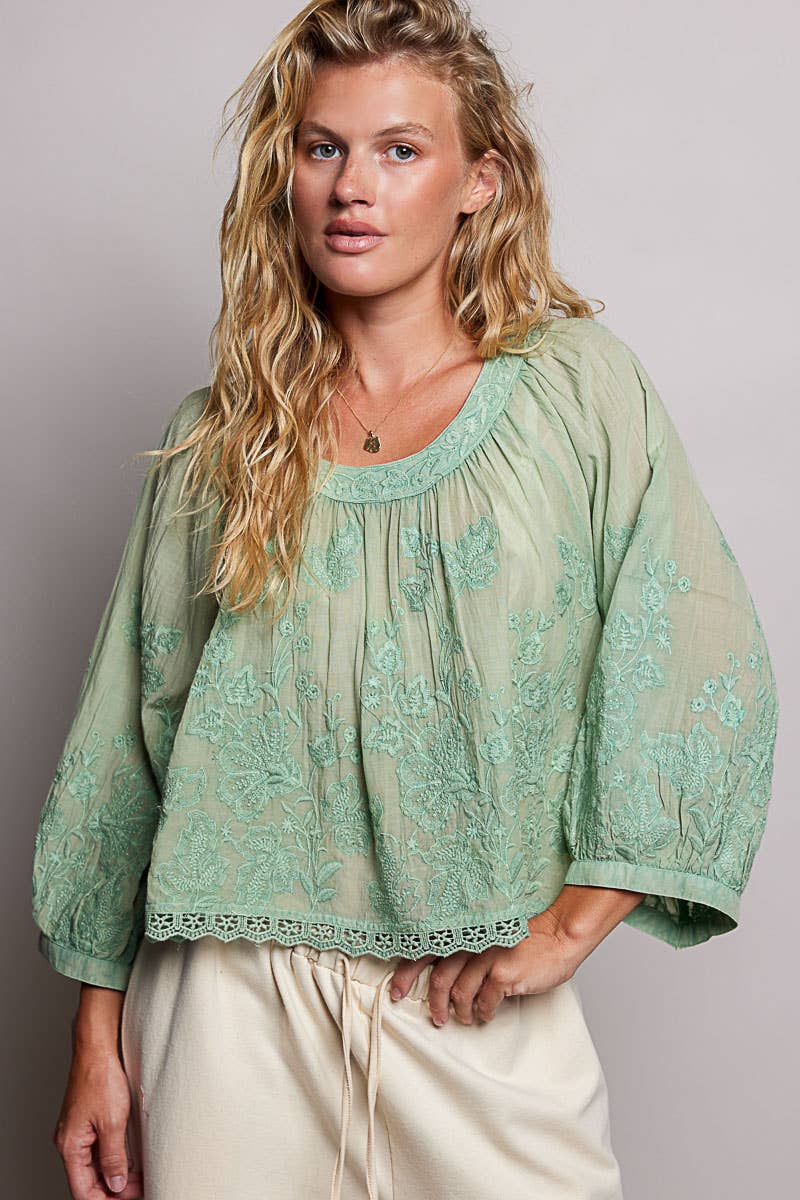 Floral Embroidered Lace Hem Boho Blouse