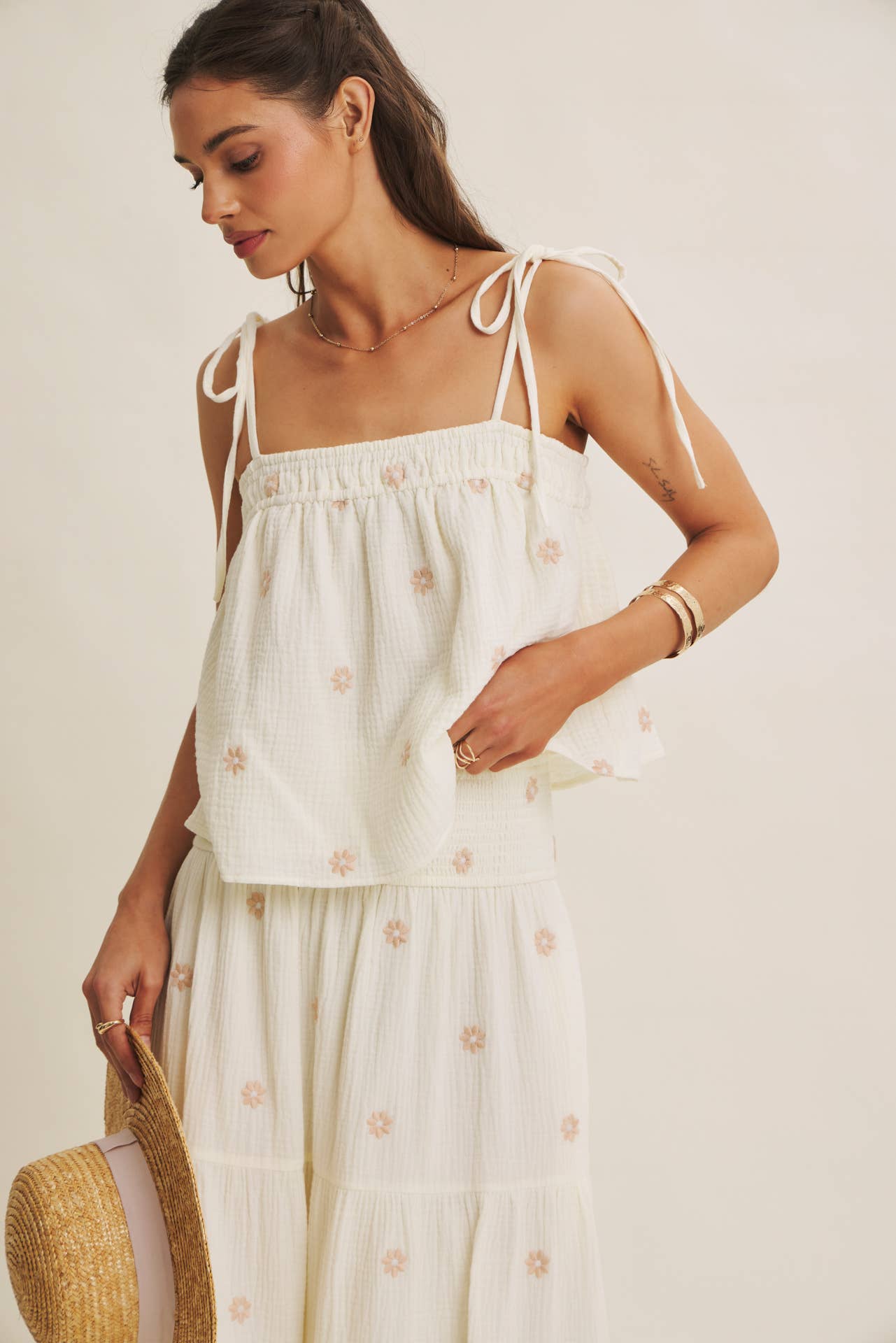 in february - SUNSET FIELD EMBROIDERED COTTON GAUZE SMOCKED MIDI SKIRTS