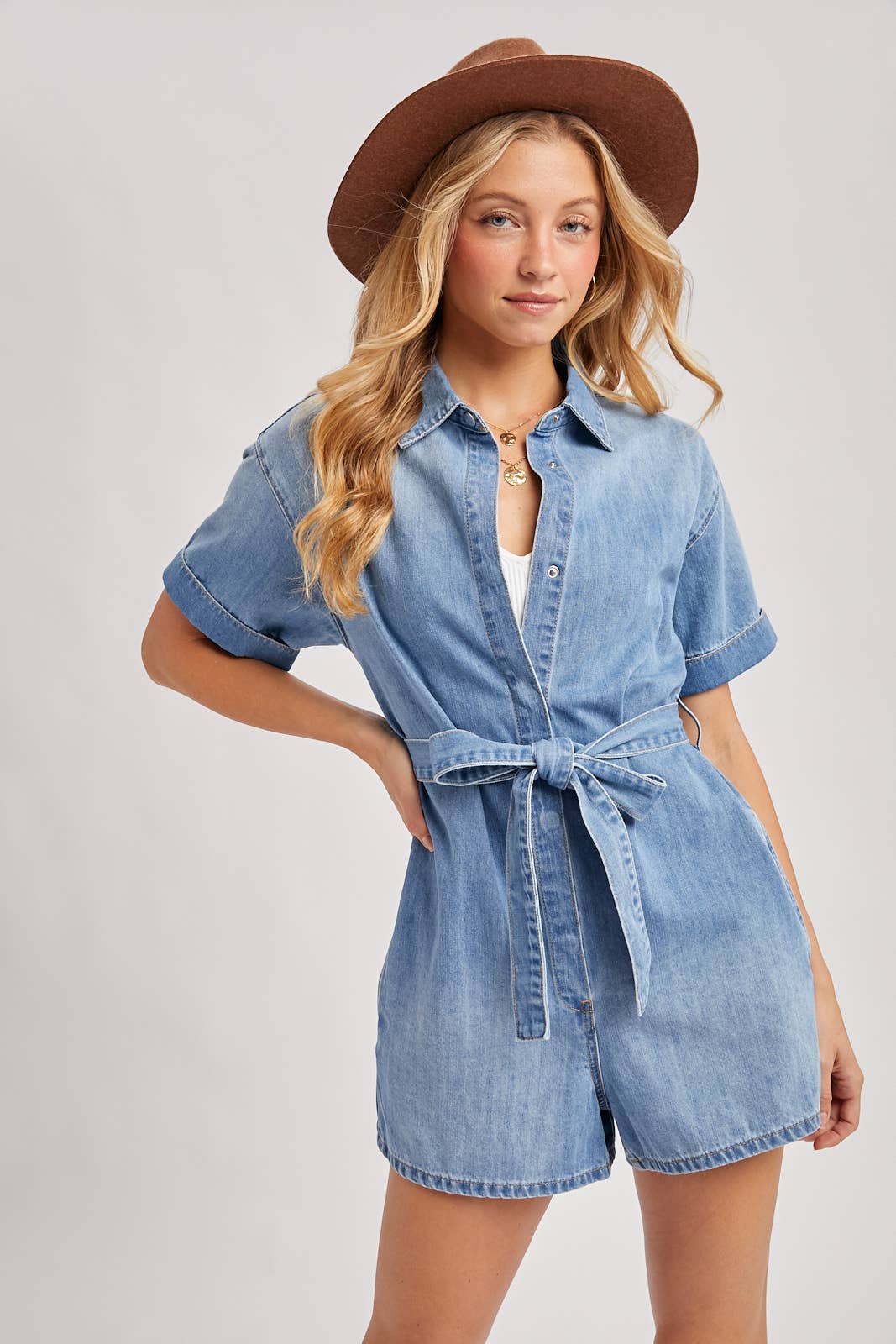 Bluivy - DENIM BELTED BUTTON DOWN SHIRT ROMPER