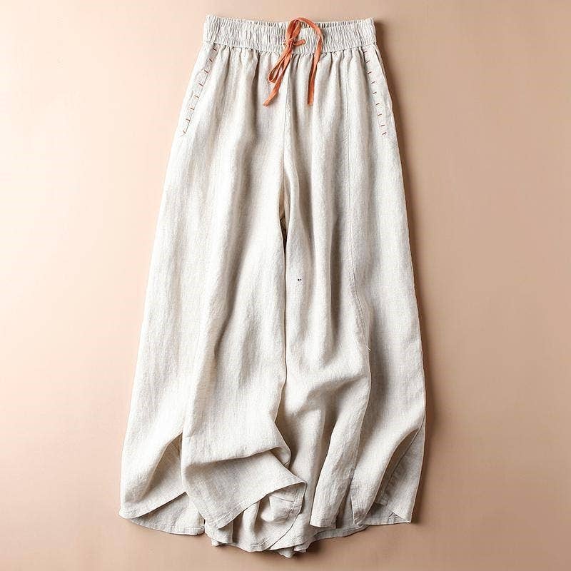 Solid Color Casual Loose Fit Nine-Point Wide Leg Pants: LINEN / M