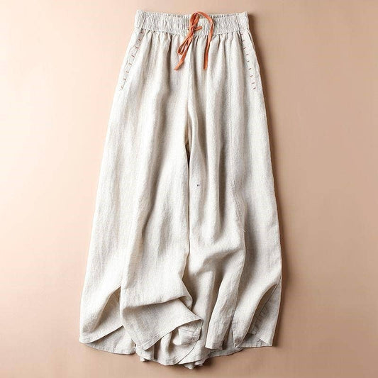 Solid Color Casual Loose Fit Nine-Point Wide Leg Pants: LINEN / M