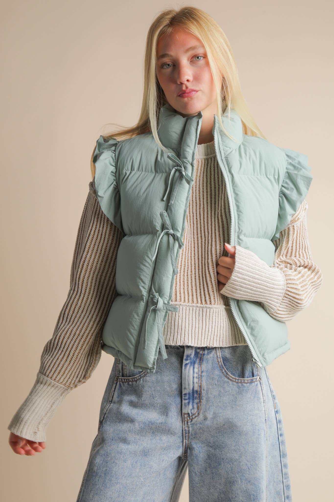 VERY J - NJ90385-Front Bow Ruffle Sleeve Puffer Vest