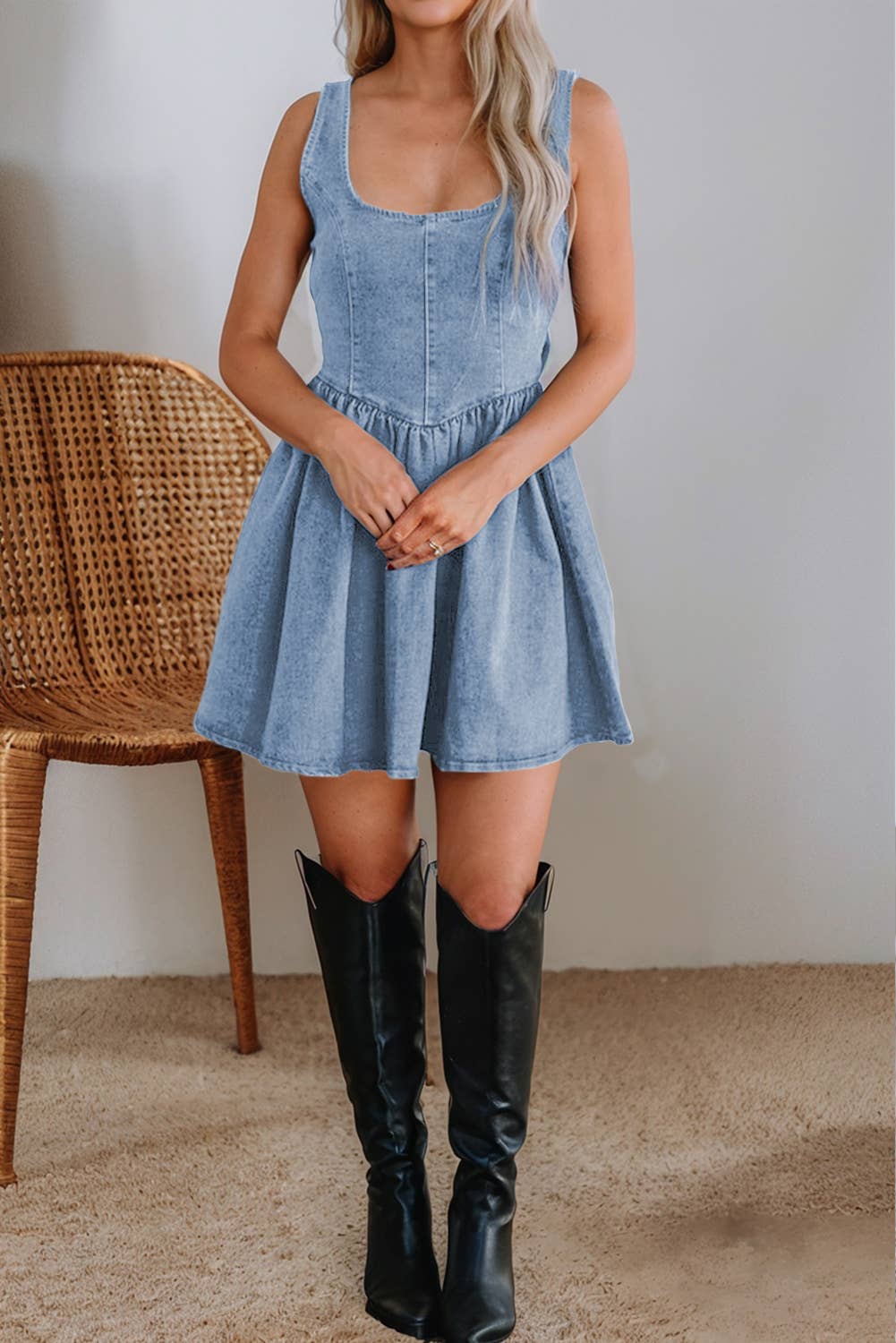 Little Daisy Closet -  LDC Square Neck Bowknot A-line Sleeveless Denim Dress