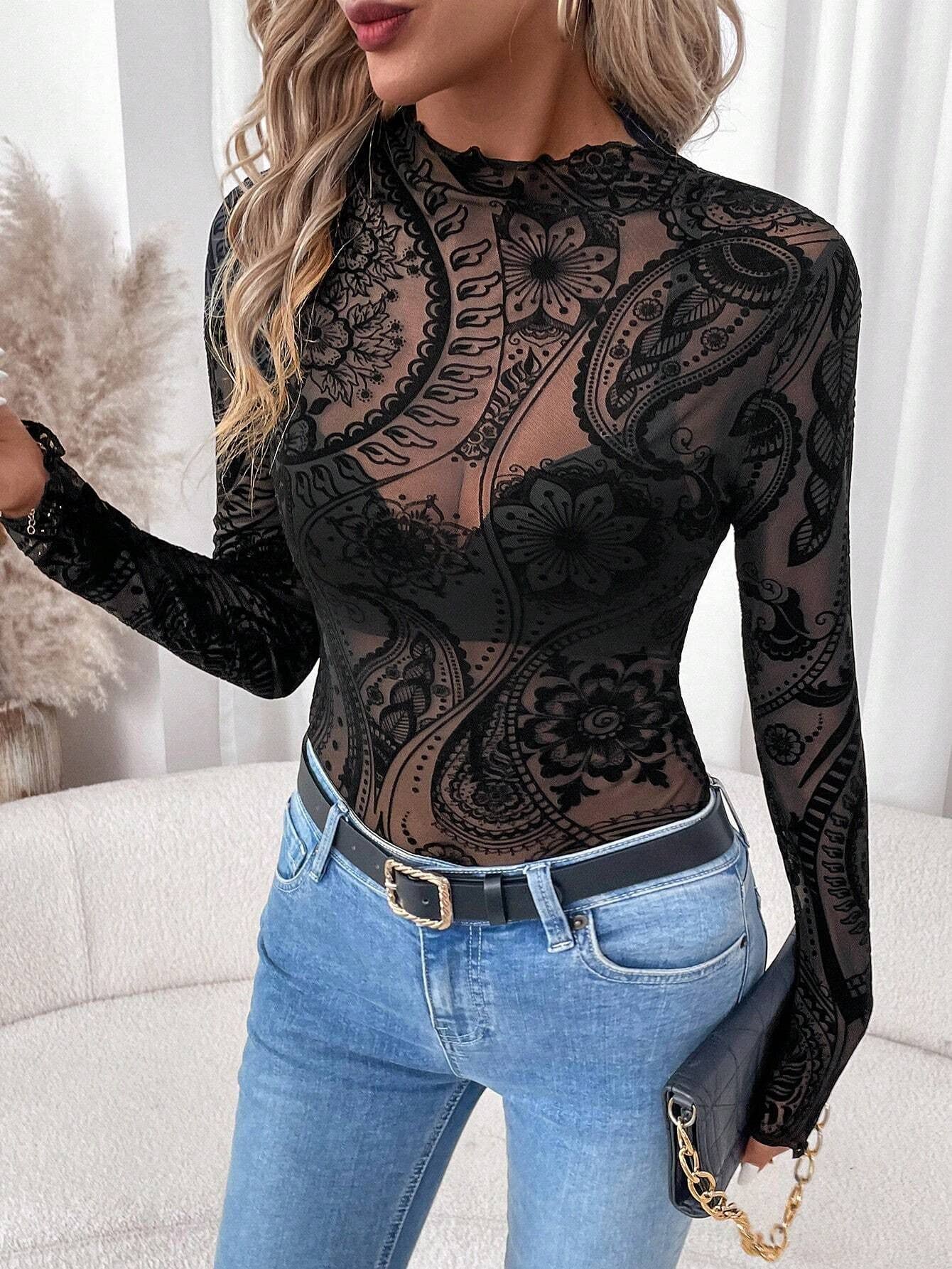 Hope & Sunshine - Paisley Velvet Print Mesh Top