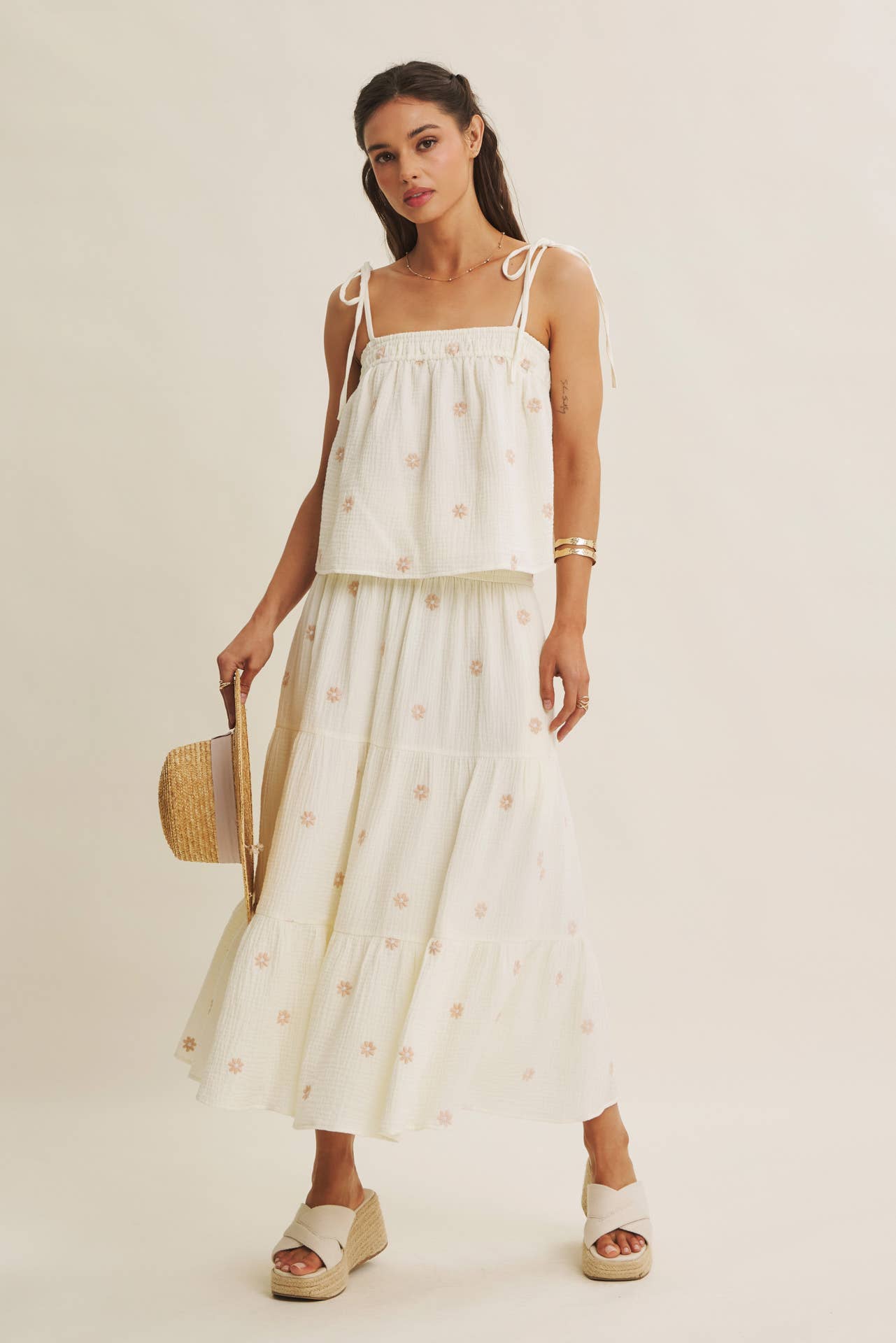 in february - SUNSET FIELD EMBROIDERED COTTON GAUZE SMOCKED MIDI SKIRTS