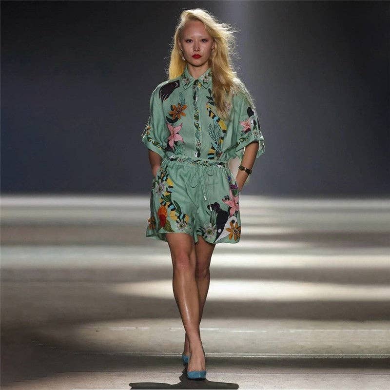 Relaxed Fit Printed Short Sleeve Shirt And Shorts Set: GREEN / XL