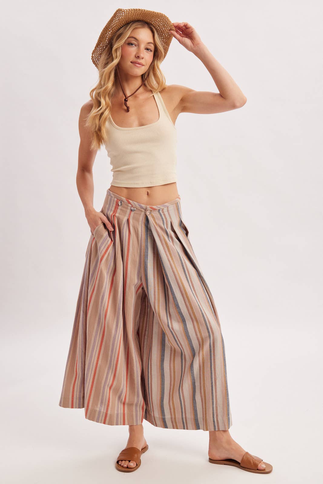 Bluivy - MULTI-STRIPE PLEATED FRONT WIDE-LEG PANTS