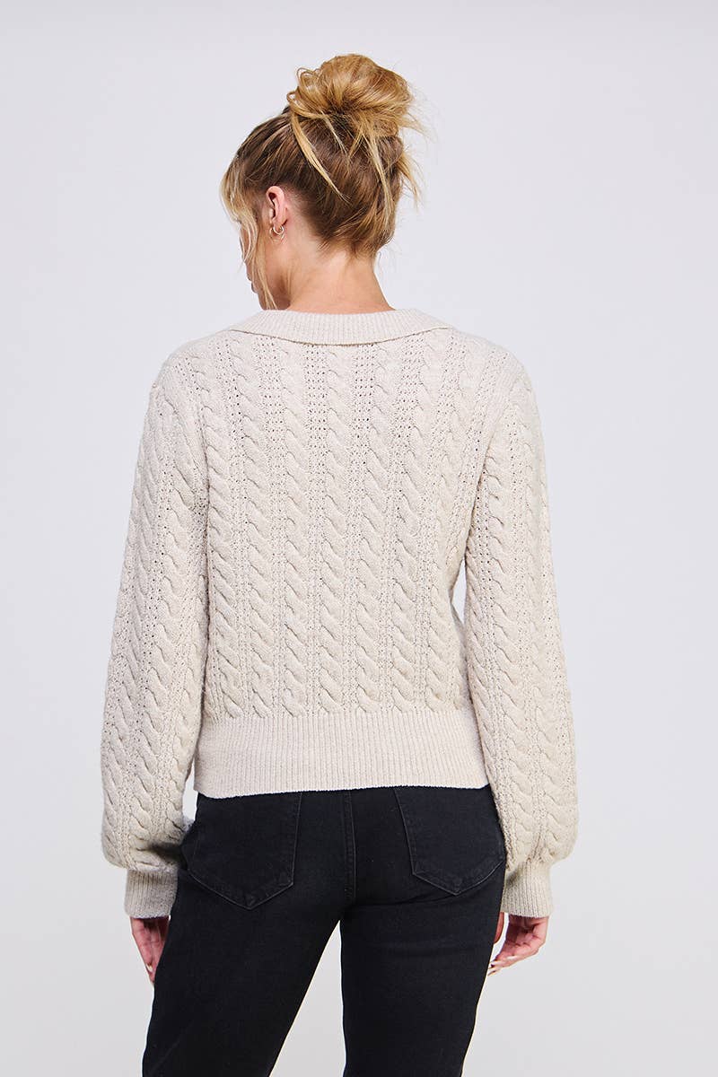 Grey Cable Knit Johnny Collar Pullover