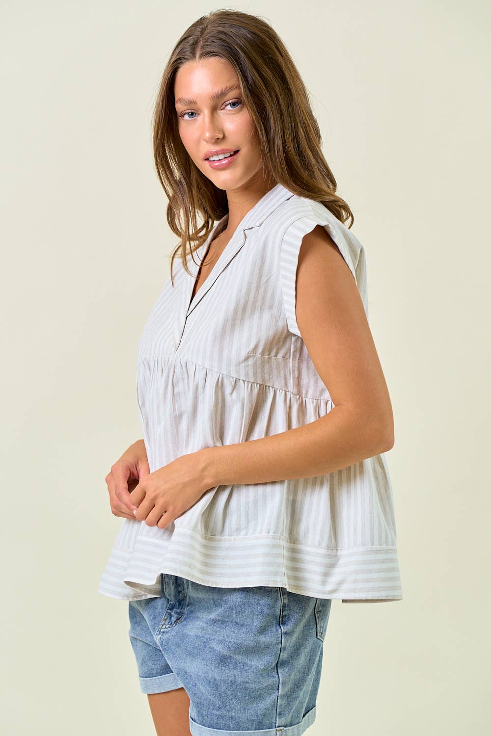 Striped Notch Collar Neck Rolled-up Cap Sleeve Top
