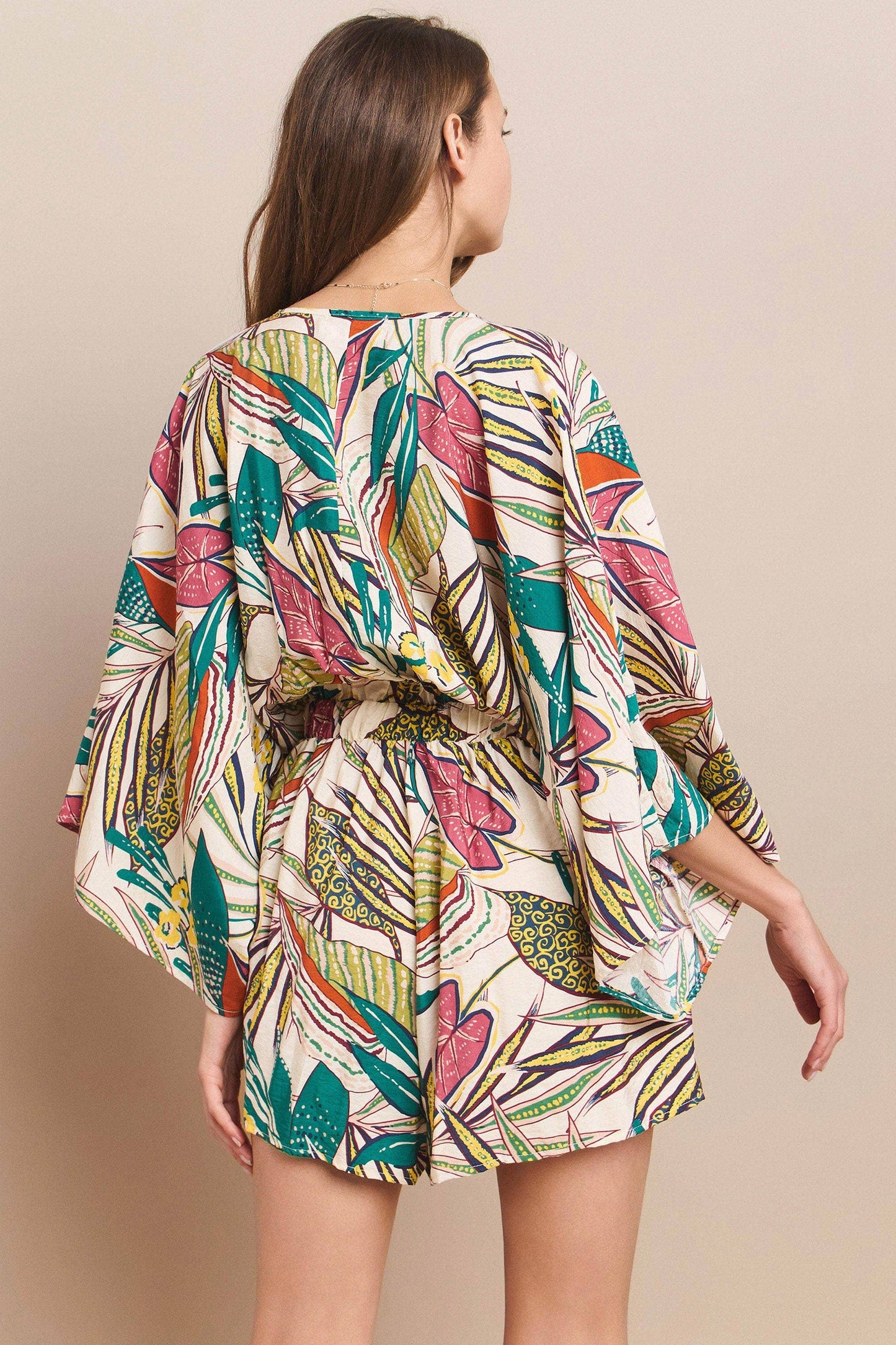 BATWING SLEEVED BOHO TROPICAL PRINT ROMPER 4411RH : IVORY MULTI / L