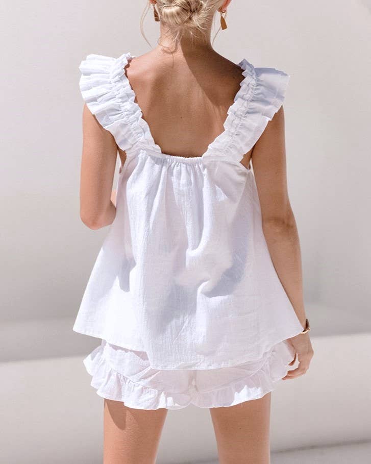 Ruffle Trim Tank Top And Shorts Pajama Set: White / M