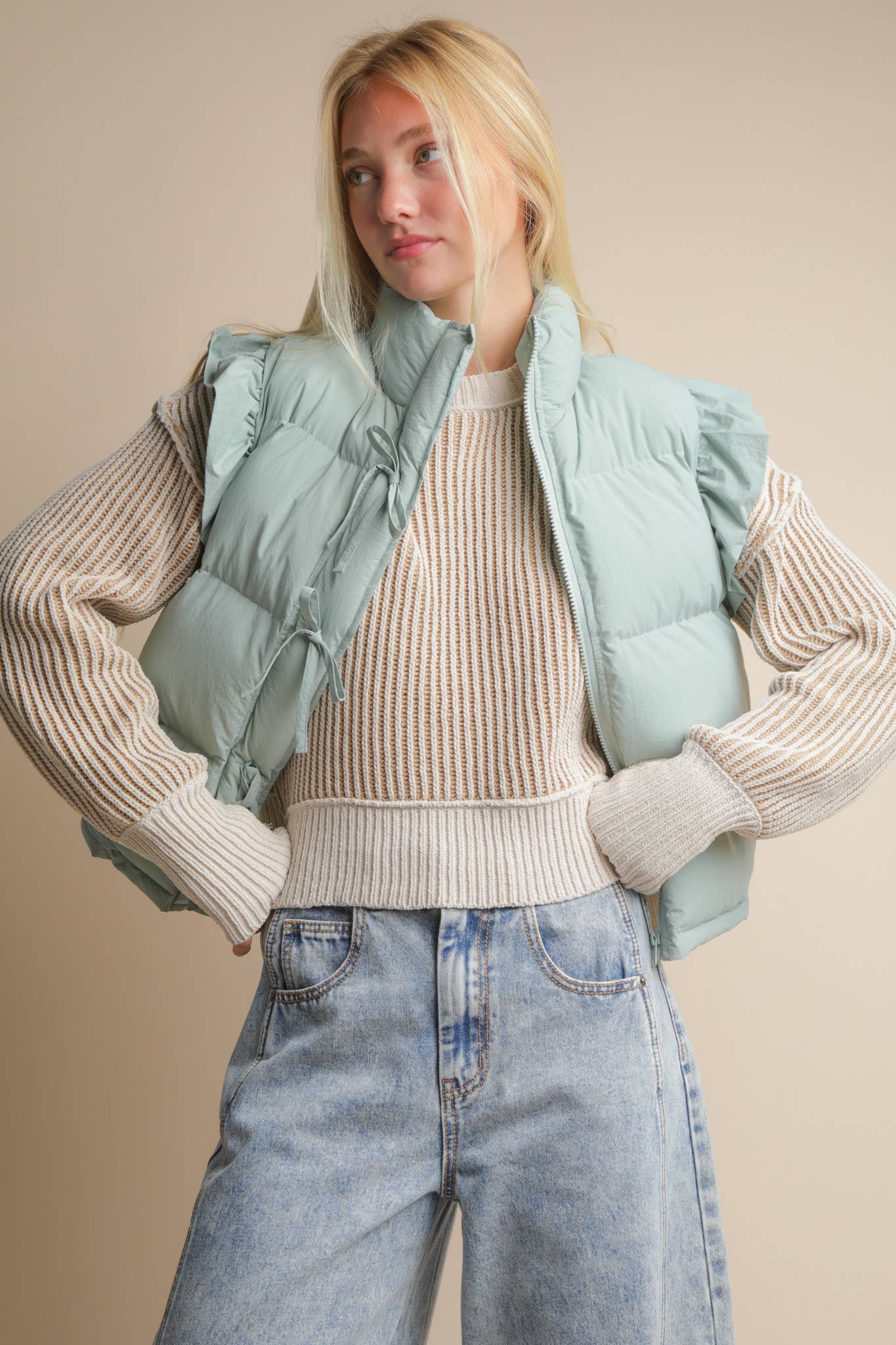 VERY J - NJ90385-Front Bow Ruffle Sleeve Puffer Vest