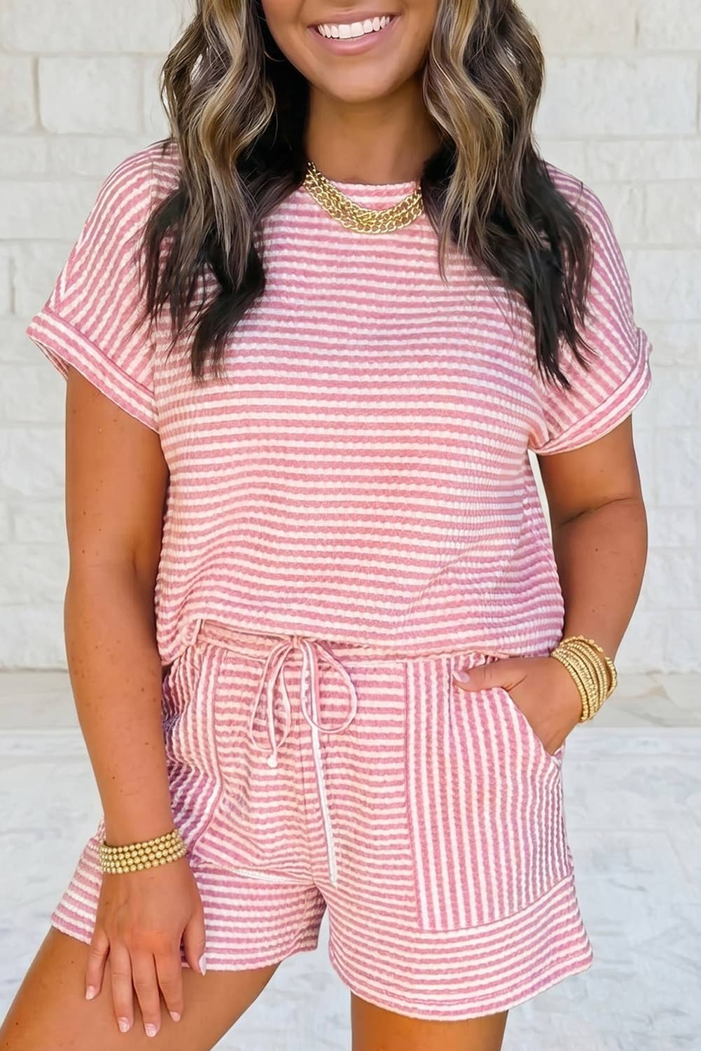1 the Woman - Striped Textured Knit Top and Short 2pc Sets
