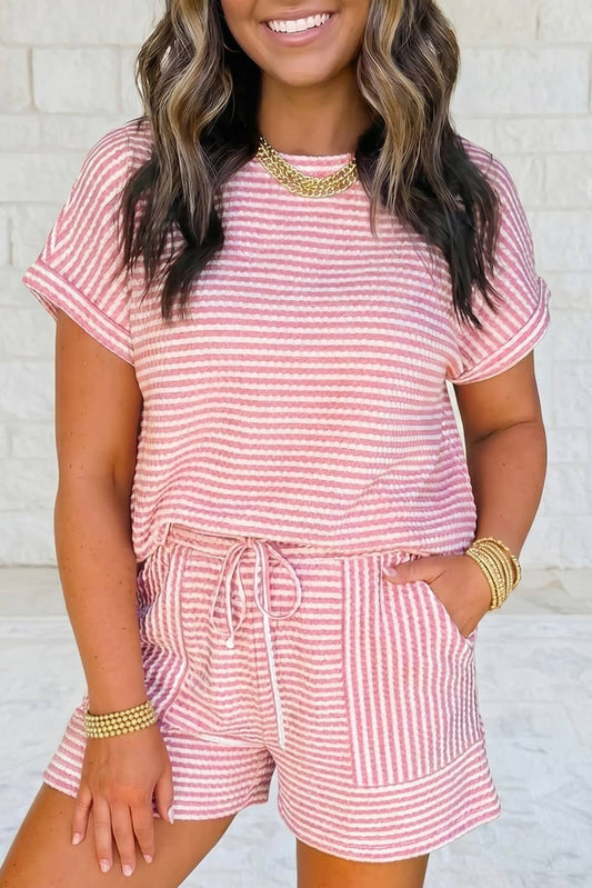 1 the Woman - Striped Textured Knit Top and Short 2pc Sets