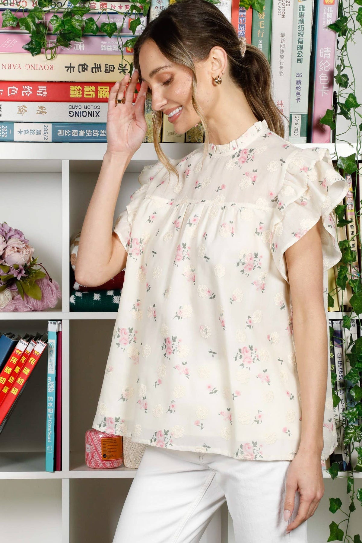 Vine & Love - Floral Embroidered Ruffle Detail Organza Blouse Top VT82257