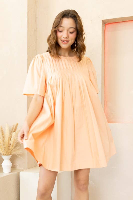 JOD1142 Pleated Front Mini Dress with Wide Sleeves