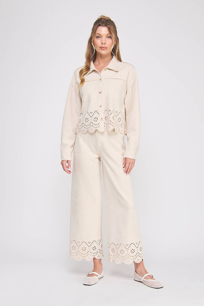 Camel Suede Wide Leg Scallop Pants