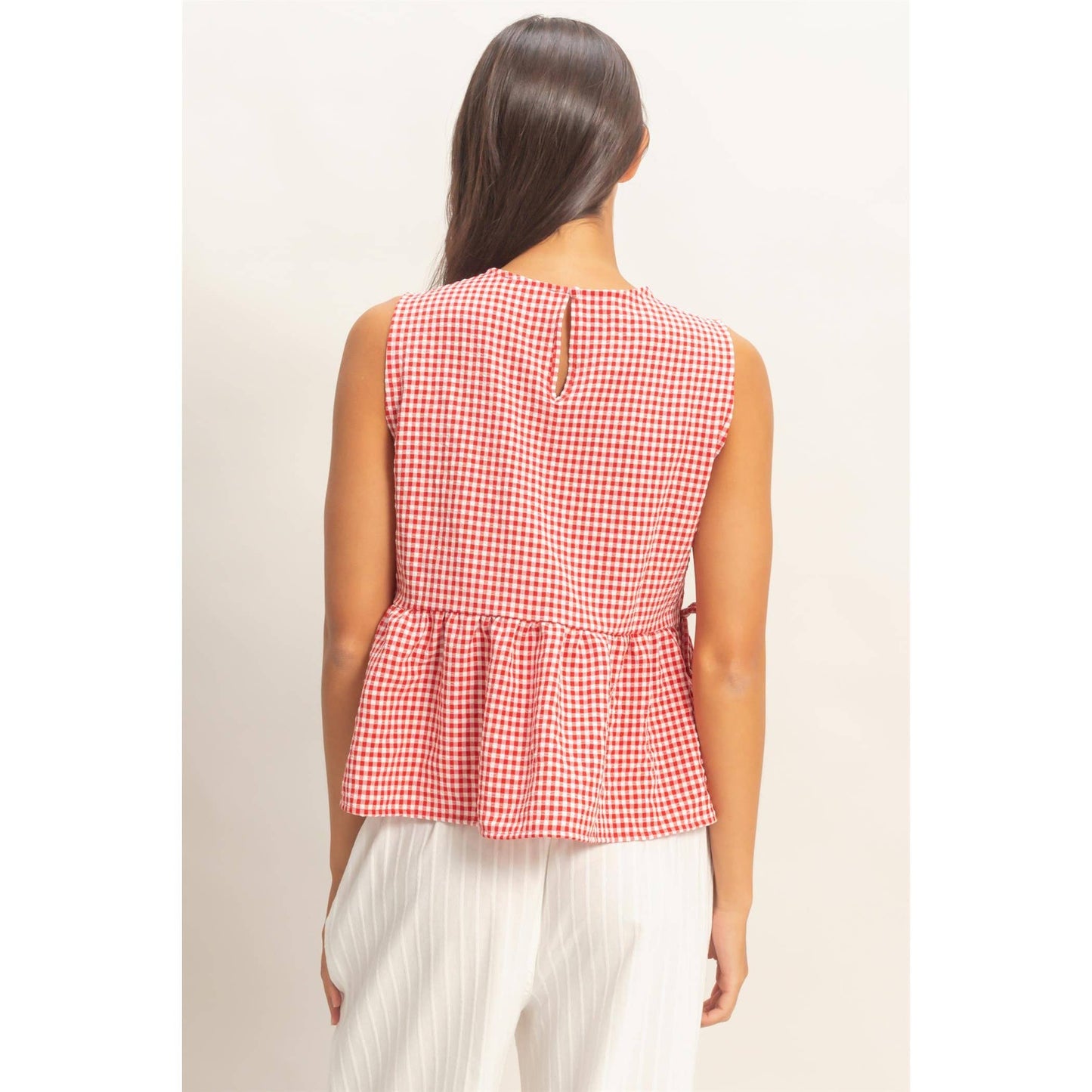HYFVE - Gingham Sleeveless Peplum Top With Side Ties