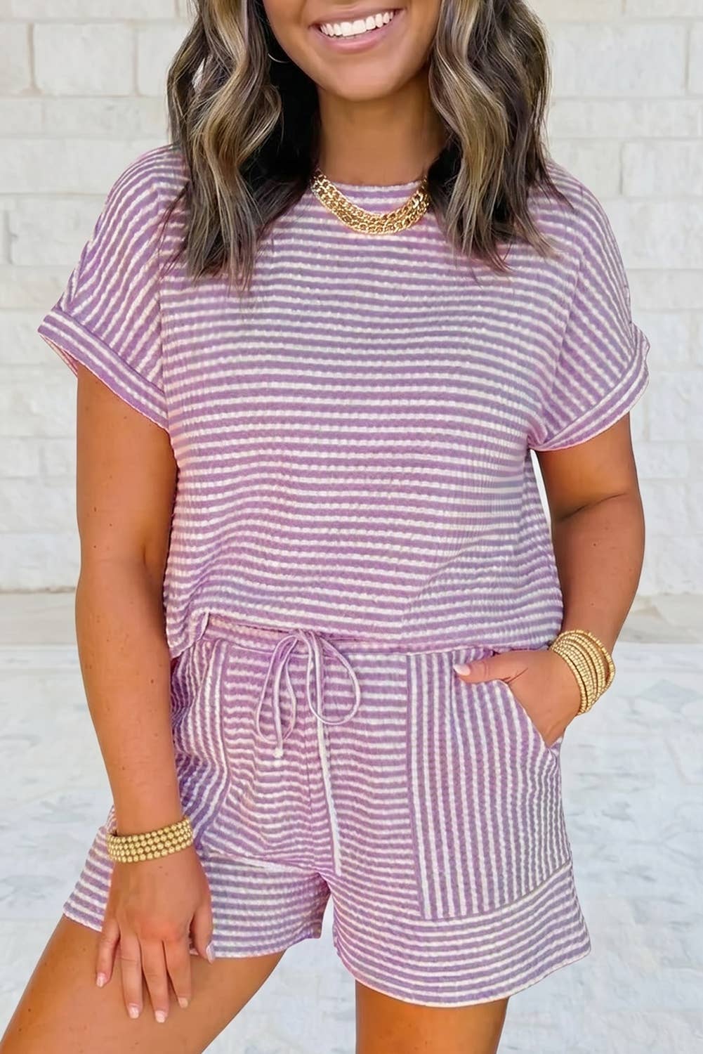1 the Woman - Striped Textured Knit Top and Short 2pc Sets
